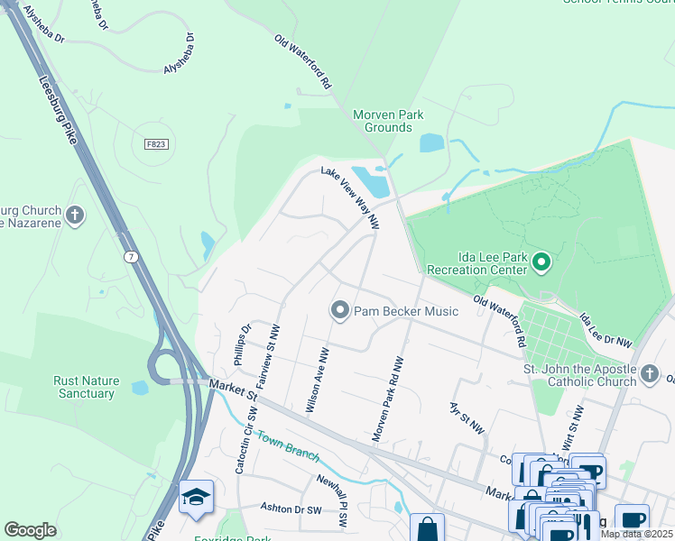 map of restaurants, bars, coffee shops, grocery stores, and more near 201 Fox Trot Way Northwest in Leesburg