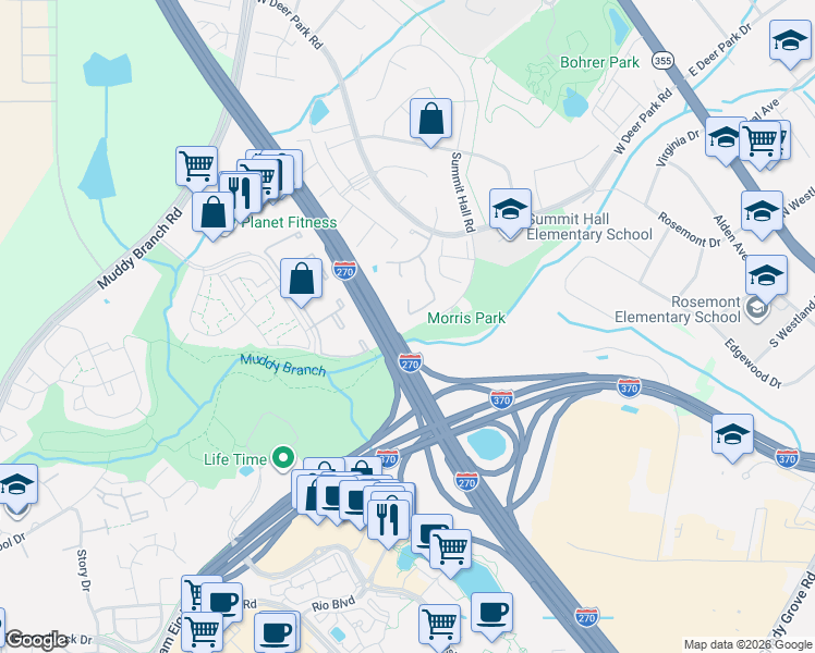 map of restaurants, bars, coffee shops, grocery stores, and more near 93 Bralan Court in Gaithersburg