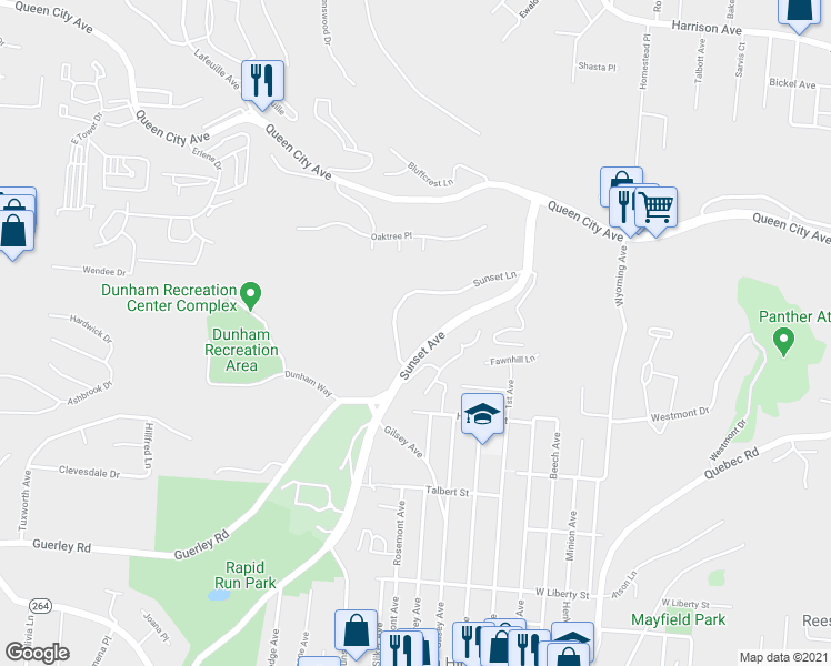 map of restaurants, bars, coffee shops, grocery stores, and more near 1872 Sunset Avenue in Cincinnati