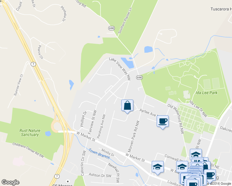 map of restaurants, bars, coffee shops, grocery stores, and more near 201 Fox Trot Way Northwest in Leesburg