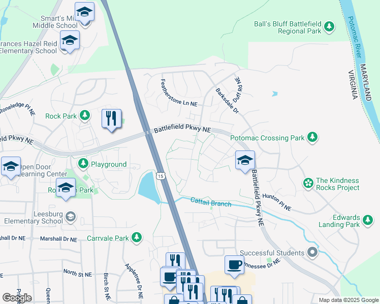 map of restaurants, bars, coffee shops, grocery stores, and more near 1201 Cannon Court Northeast in Leesburg