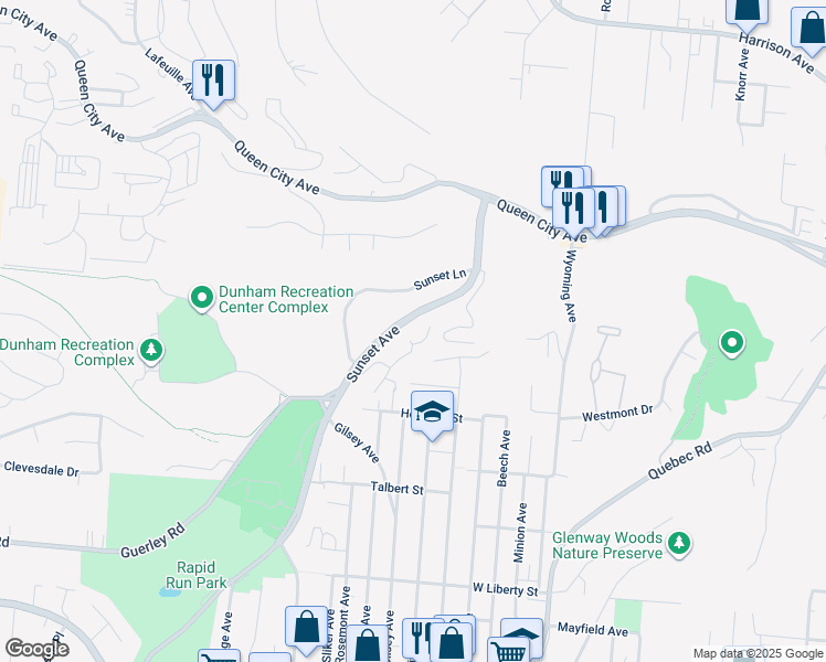 map of restaurants, bars, coffee shops, grocery stores, and more near 1852 Sunset Avenue in Cincinnati