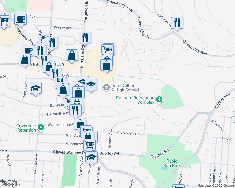 map of restaurants, bars, coffee shops, grocery stores, and more near 1914 Ashbrook Drive in Cincinnati