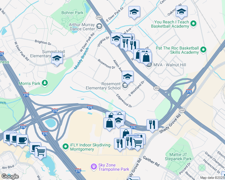map of restaurants, bars, coffee shops, grocery stores, and more near Edgewood Drive in Gaithersburg