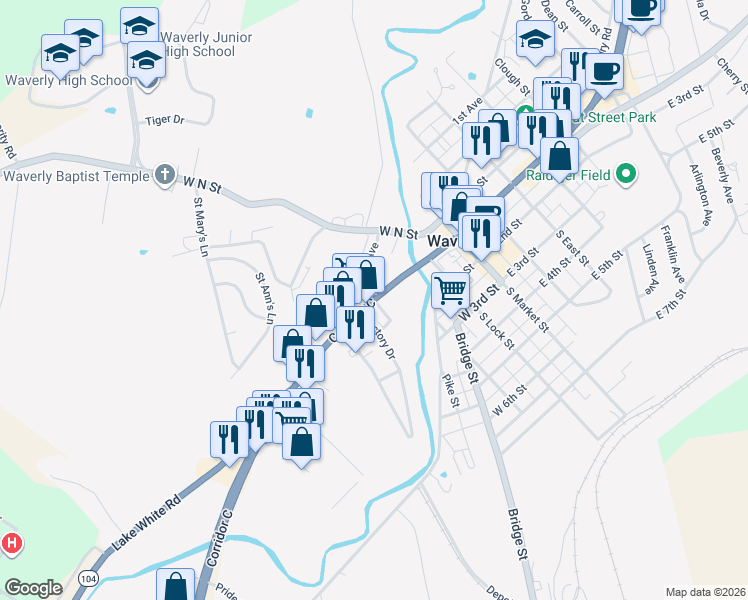 map of restaurants, bars, coffee shops, grocery stores, and more near 221 West Emmitt Avenue in Waverly