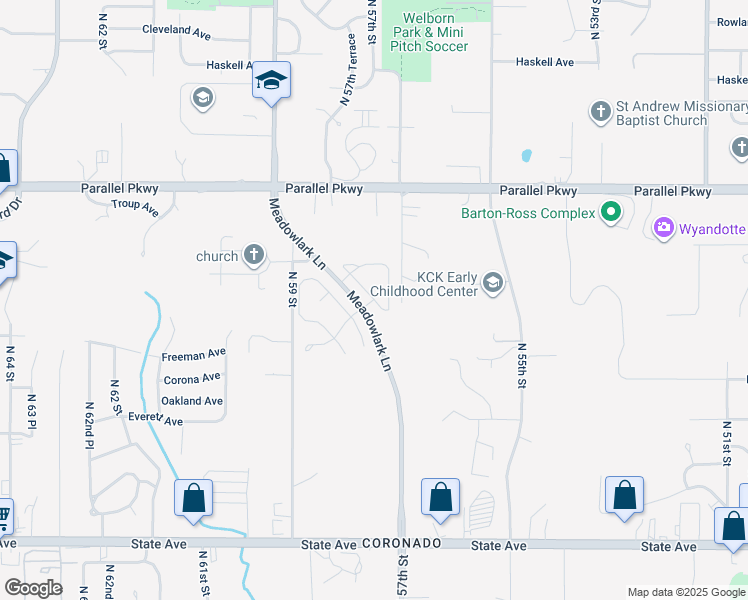 map of restaurants, bars, coffee shops, grocery stores, and more near 1711 Meadowlark Court in Kansas City