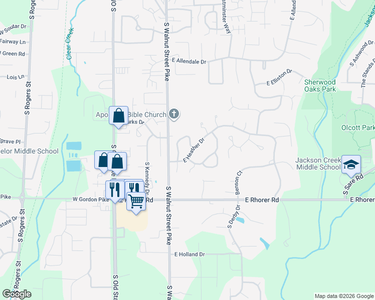 map of restaurants, bars, coffee shops, grocery stores, and more near 654 East Heather Drive in Bloomington