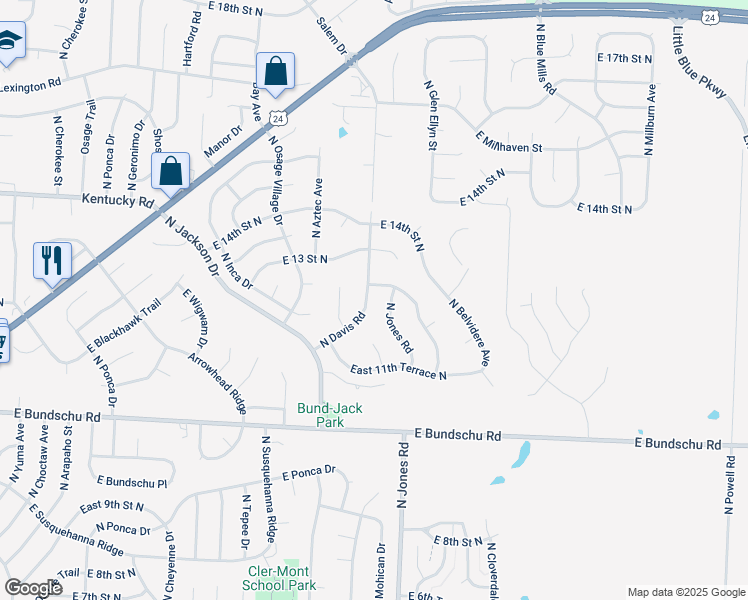 map of restaurants, bars, coffee shops, grocery stores, and more near 1216 Jones Road in Independence