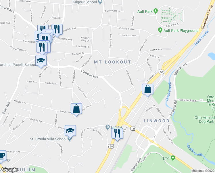 map of restaurants, bars, coffee shops, grocery stores, and more near 3549 Linwood Avenue in Cincinnati