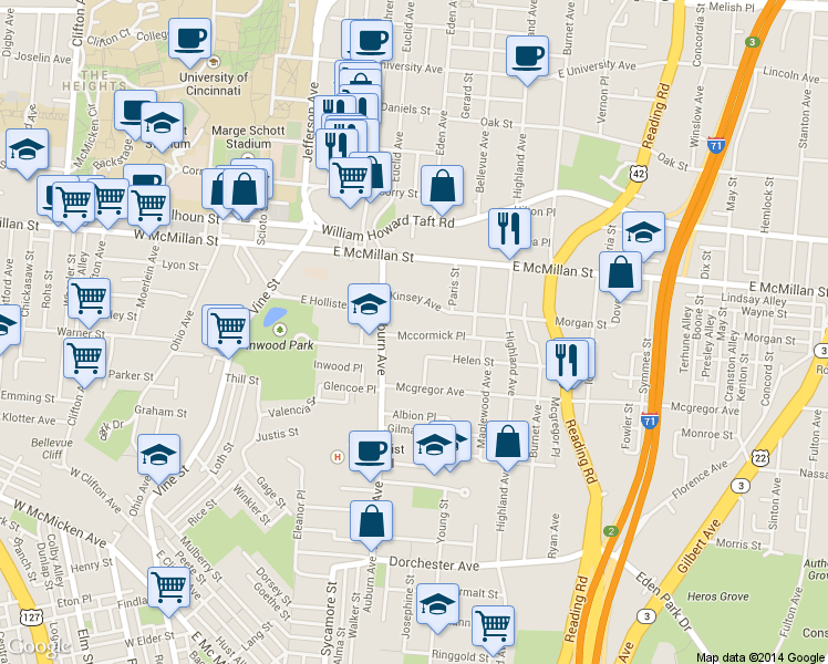 map of restaurants, bars, coffee shops, grocery stores, and more near 227 Mccormick Place in Cincinnati