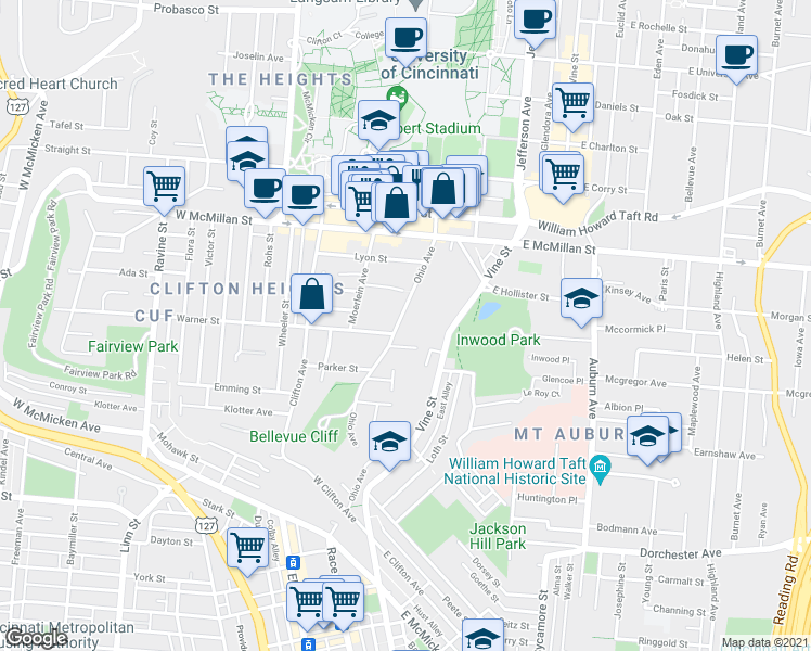 map of restaurants, bars, coffee shops, grocery stores, and more near 2330 Ohio Avenue in Cincinnati