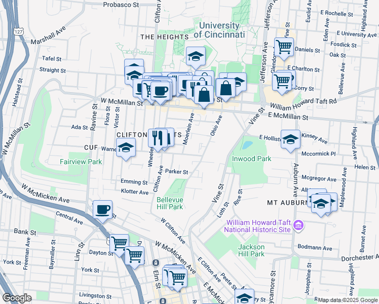map of restaurants, bars, coffee shops, grocery stores, and more near 137 Warner Street in Cincinnati