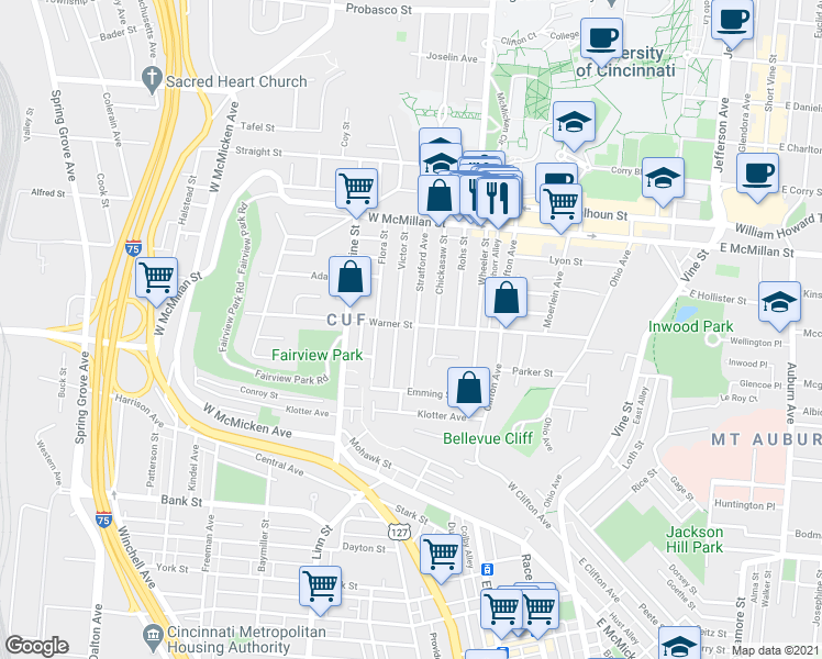 map of restaurants, bars, coffee shops, grocery stores, and more near in Cincinnati