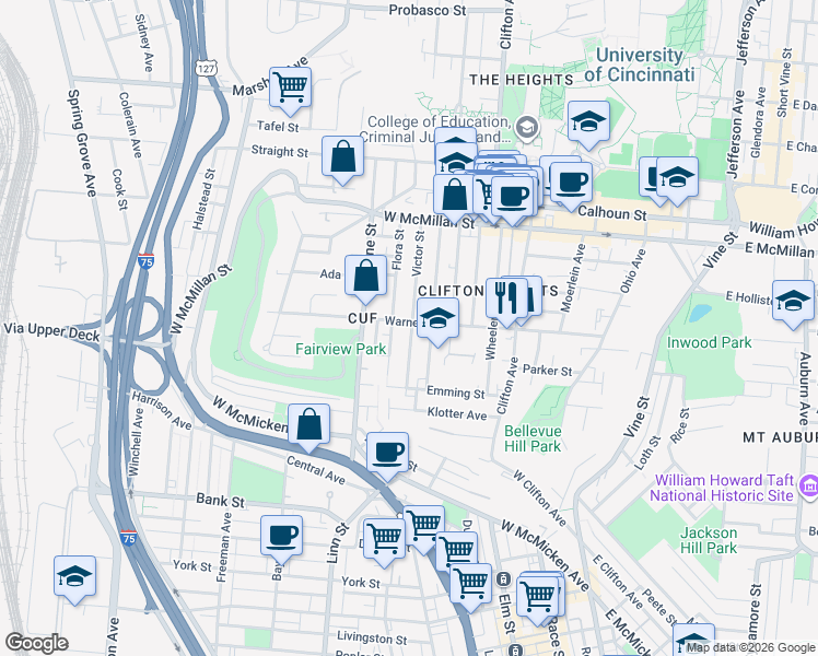 map of restaurants, bars, coffee shops, grocery stores, and more near in Cincinnati