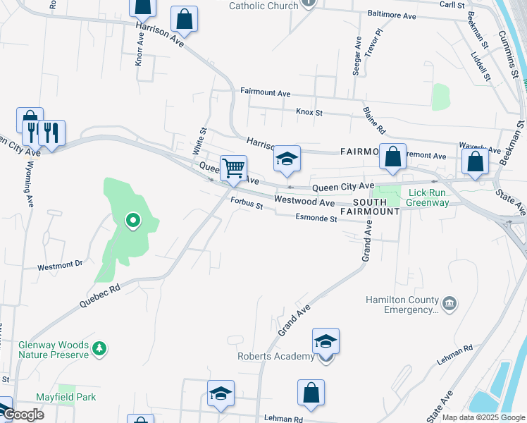 map of restaurants, bars, coffee shops, grocery stores, and more near 1805 Forbus Street in Cincinnati