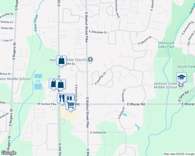 map of restaurants, bars, coffee shops, grocery stores, and more near 654 East Heather Drive in Bloomington