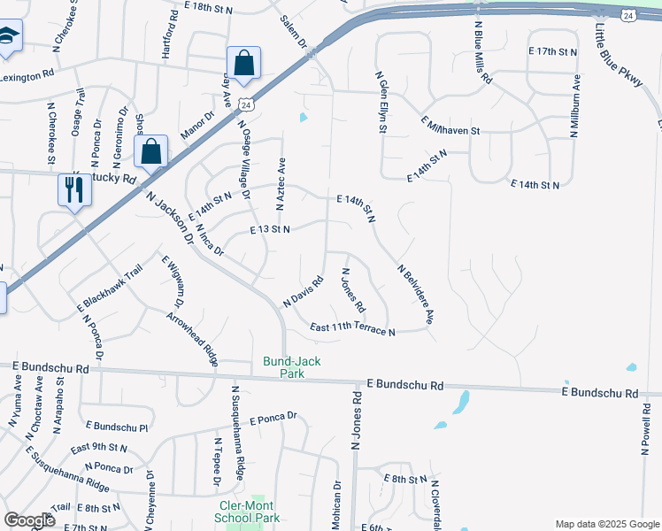 map of restaurants, bars, coffee shops, grocery stores, and more near 1216 Jones Road in Independence