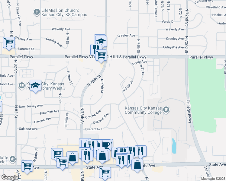 map of restaurants, bars, coffee shops, grocery stores, and more near 1717 North 76th Terrace in Kansas City