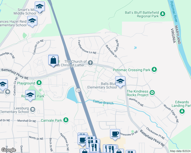 map of restaurants, bars, coffee shops, grocery stores, and more near 808 Ball's Bluff Road Northeast in Leesburg