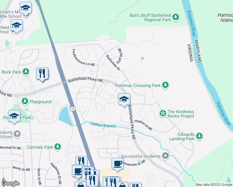 map of restaurants, bars, coffee shops, grocery stores, and more near 820 Ferndale Terrace Northeast in Leesburg