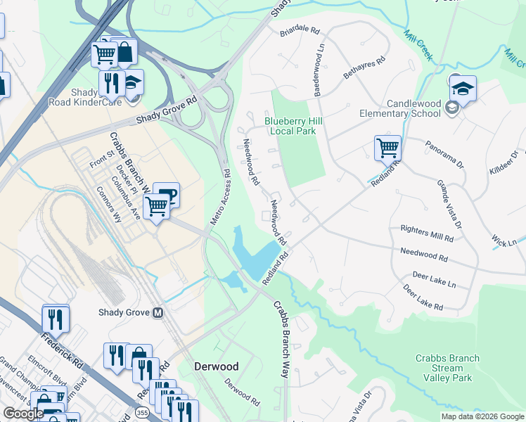 map of restaurants, bars, coffee shops, grocery stores, and more near 8030 Needwood Road in Derwood