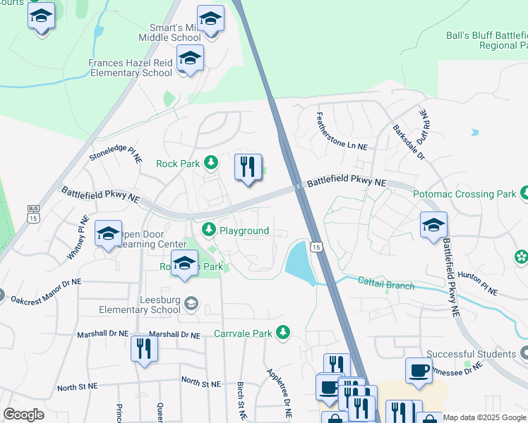 map of restaurants, bars, coffee shops, grocery stores, and more near 534 Currant Terrace Northeast in Leesburg