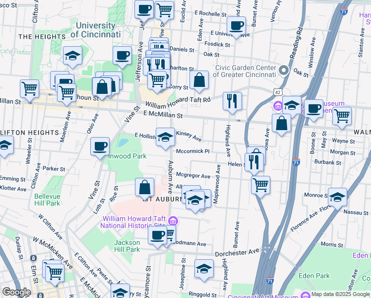 map of restaurants, bars, coffee shops, grocery stores, and more near 227 Mccormick Place in Cincinnati