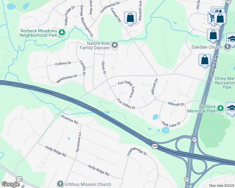 map of restaurants, bars, coffee shops, grocery stores, and more near 16400 Upbrook Court in Rockville