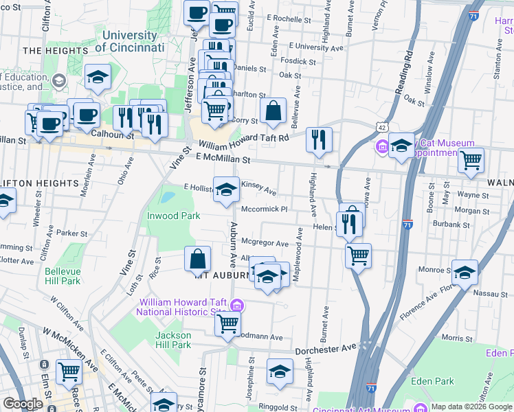 map of restaurants, bars, coffee shops, grocery stores, and more near 227 Mccormick Place in Cincinnati