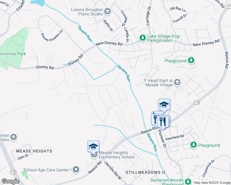 map of restaurants, bars, coffee shops, grocery stores, and more near 8516 Pine Springs Drive in Severn