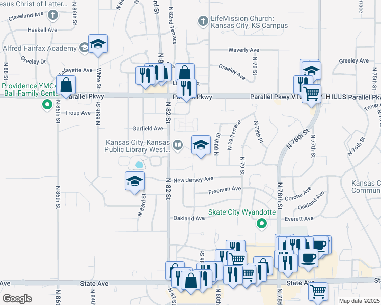 map of restaurants, bars, coffee shops, grocery stores, and more near 1715 North 82nd Street in Kansas City
