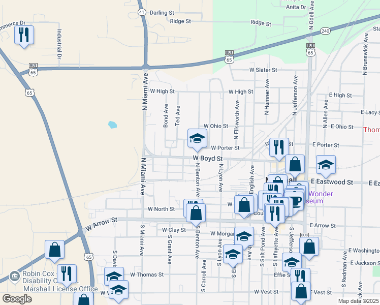 map of restaurants, bars, coffee shops, grocery stores, and more near 411 North Benton Avenue in Marshall