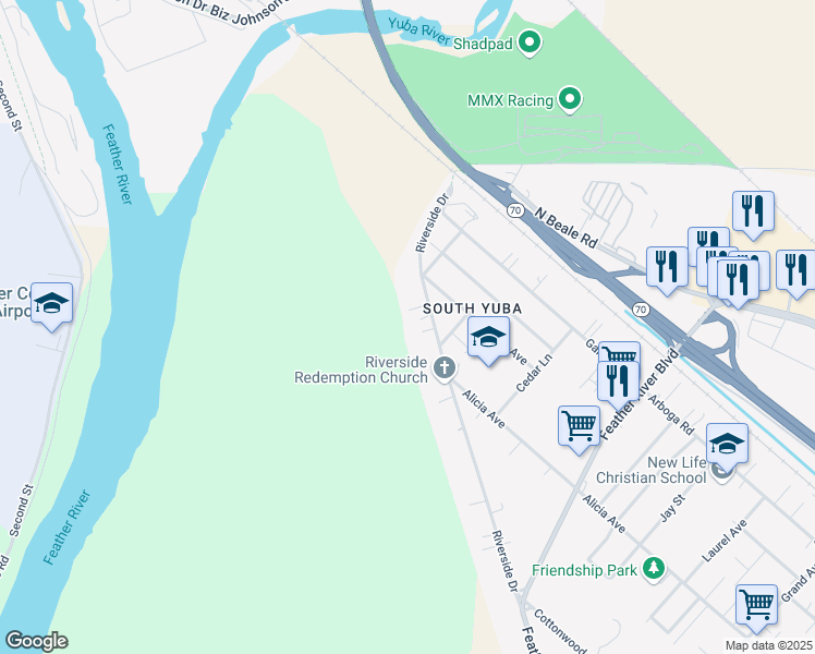map of restaurants, bars, coffee shops, grocery stores, and more near 5878 Riverside Drive in Olivehurst