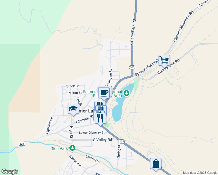 map of restaurants, bars, coffee shops, grocery stores, and more near 304 Colorado 105 in Palmer Lake