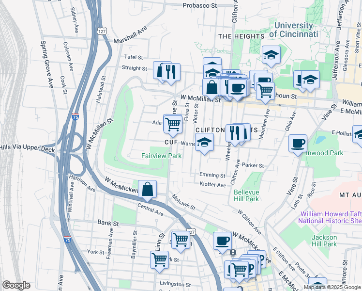 map of restaurants, bars, coffee shops, grocery stores, and more near 2249 Flora Street in Cincinnati