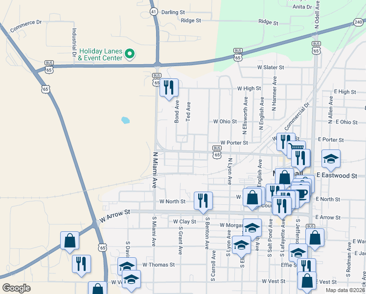 map of restaurants, bars, coffee shops, grocery stores, and more near 405 Voorhees Avenue in Marshall