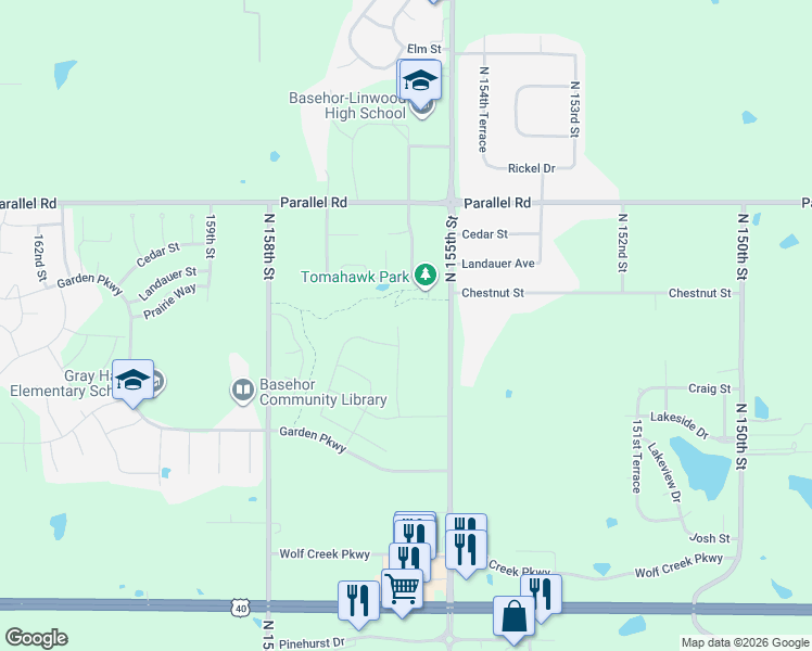 map of restaurants, bars, coffee shops, grocery stores, and more near 1702 155th Street in Basehor