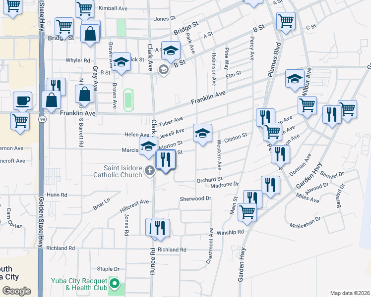map of restaurants, bars, coffee shops, grocery stores, and more near 146 Clinton Street in Yuba City