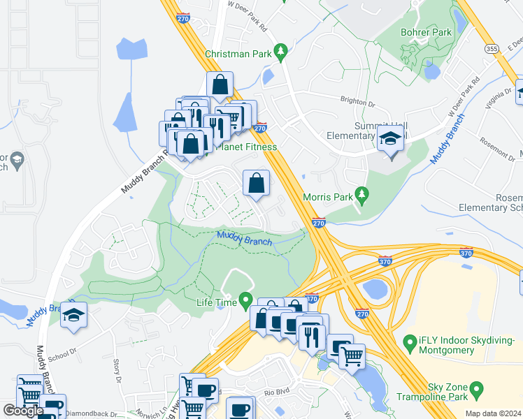 map of restaurants, bars, coffee shops, grocery stores, and more near 301 Summitt Hall Drive in Gaithersburg