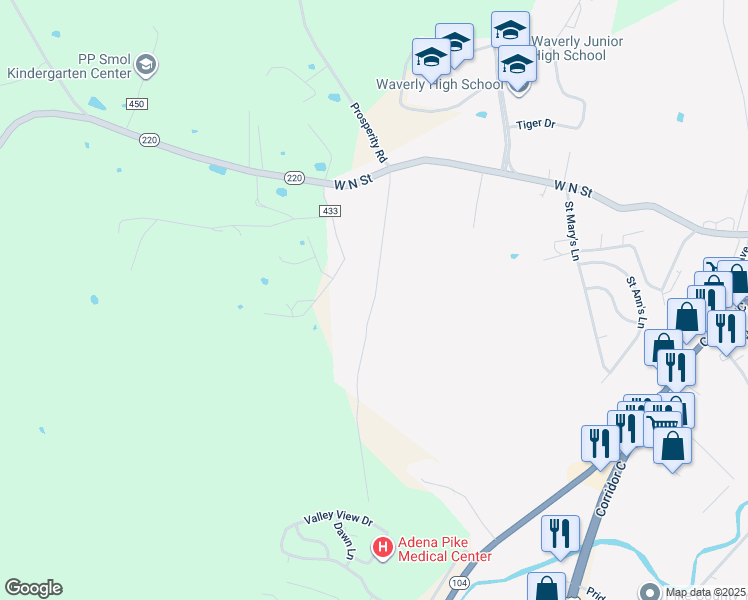 map of restaurants, bars, coffee shops, grocery stores, and more near 343 Estep Road in Waverly
