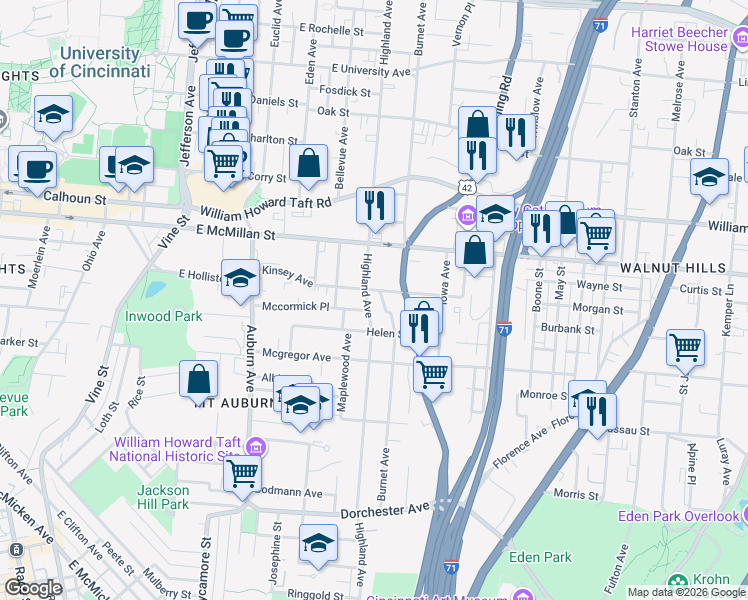 map of restaurants, bars, coffee shops, grocery stores, and more near 2350 Burnet Avenue in Cincinnati