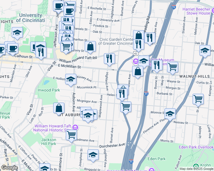 map of restaurants, bars, coffee shops, grocery stores, and more near 287 Mccormick Place in Cincinnati