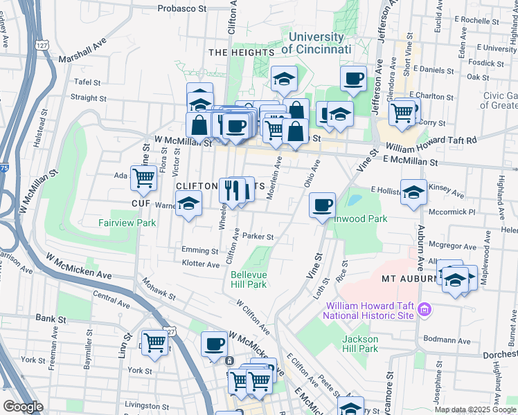 map of restaurants, bars, coffee shops, grocery stores, and more near 169 Warner Street in Cincinnati