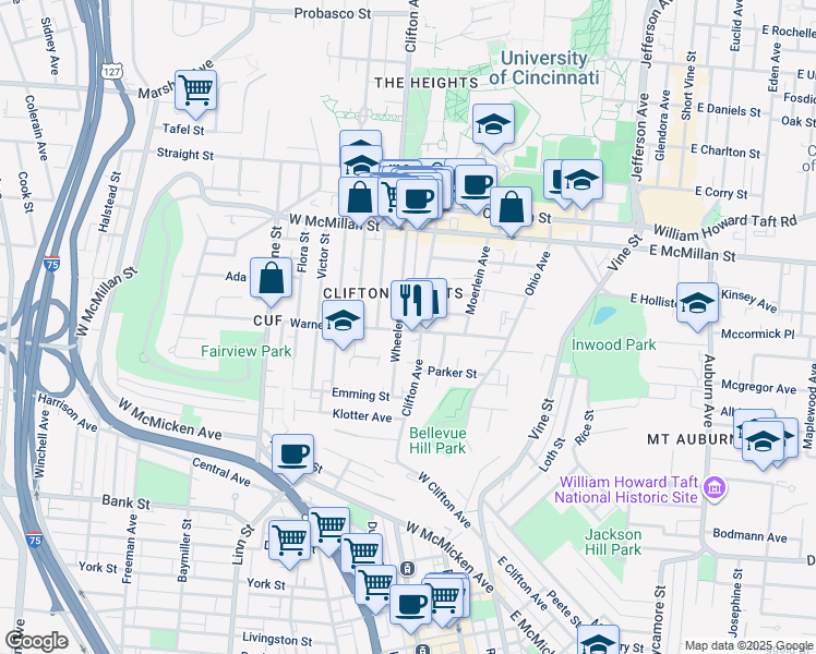 map of restaurants, bars, coffee shops, grocery stores, and more near 2250 Wheeler Street in Cincinnati
