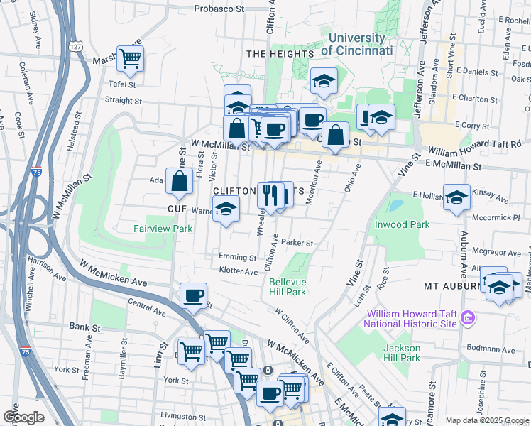 map of restaurants, bars, coffee shops, grocery stores, and more near 2250 Wheeler Street in Cincinnati