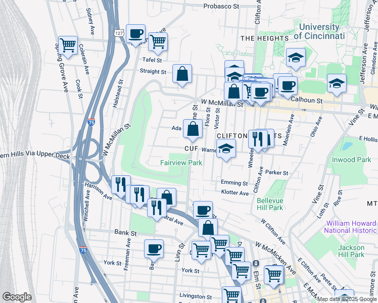 map of restaurants, bars, coffee shops, grocery stores, and more near in Cincinnati
