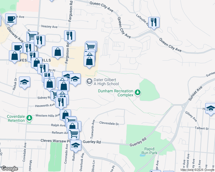map of restaurants, bars, coffee shops, grocery stores, and more near 1898 Ashbrook Drive in Cincinnati