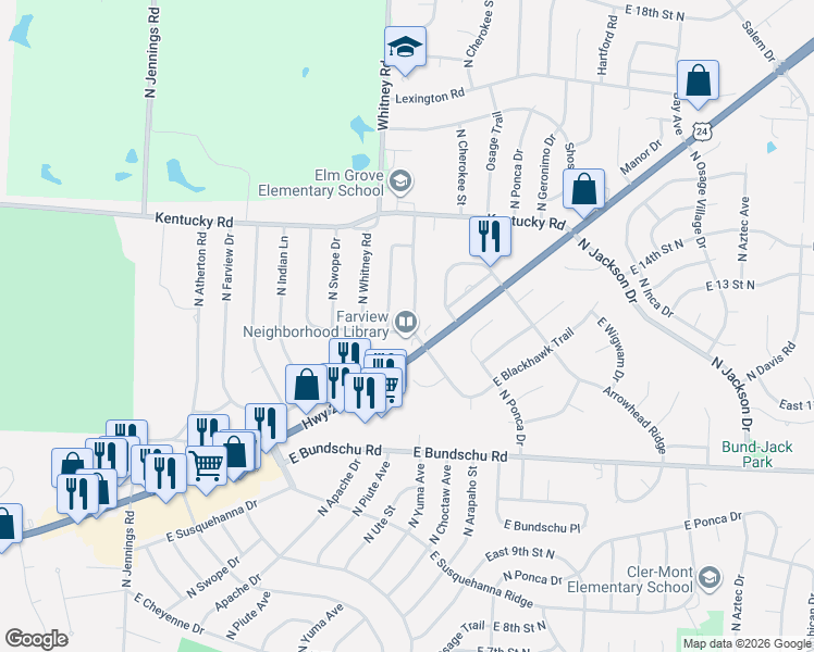 map of restaurants, bars, coffee shops, grocery stores, and more near 18109 East 12th Street North in Independence