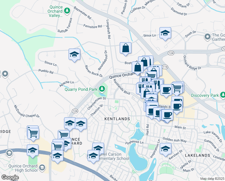 map of restaurants, bars, coffee shops, grocery stores, and more near 104 Kendrick Place in Gaithersburg