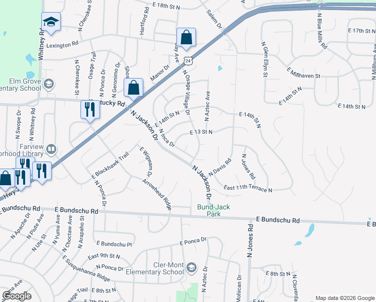 map of restaurants, bars, coffee shops, grocery stores, and more near 19101 East 12th Terrace Court North in Independence
